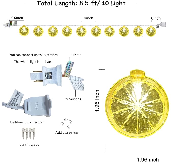 8.5FT LED Lemon String Lights, Plug in Summer Fairy Lights with 10 Lemon Slicer Lights, Novelty Decorative String Lights for Indoor & Outdoor, Bedroom Garden Patio Party Wedding Décor