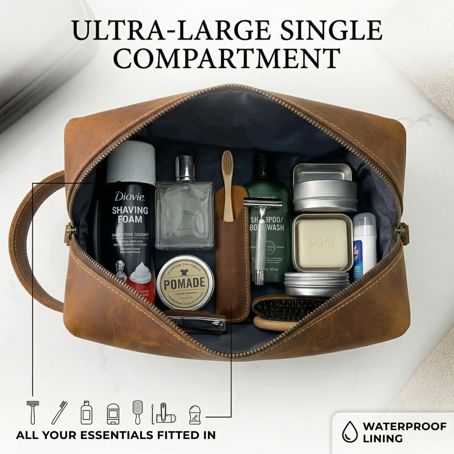 Alomce Travel Toiletry Bag for Men, Premium Genuine Leather Dopp Kit, Vintage Water-Resistant Shaving Organizer Case, Spacious Single Compartment Grooming Pouch