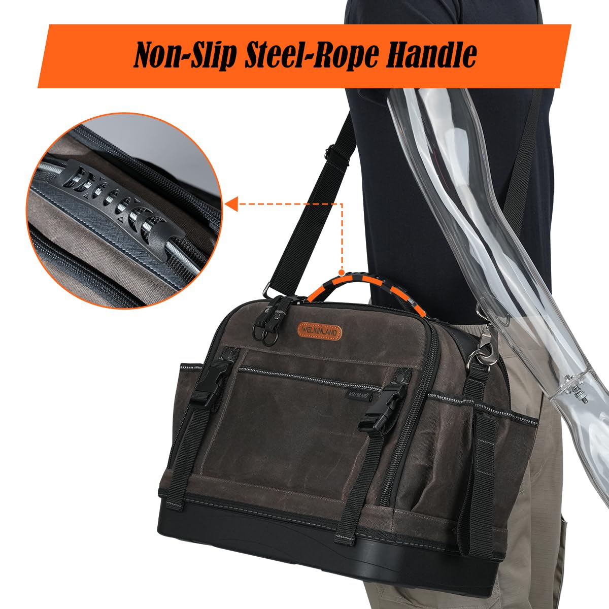 WELKINLAND 53Pockets Hard-Bottom HVAC Bag, Heavy-Duty Electrician Tool Bag,Waterproof Waxed Canvas Tools Bags, Top-Open 16 Inch Tool Bags,HVAC Service Bag For Men