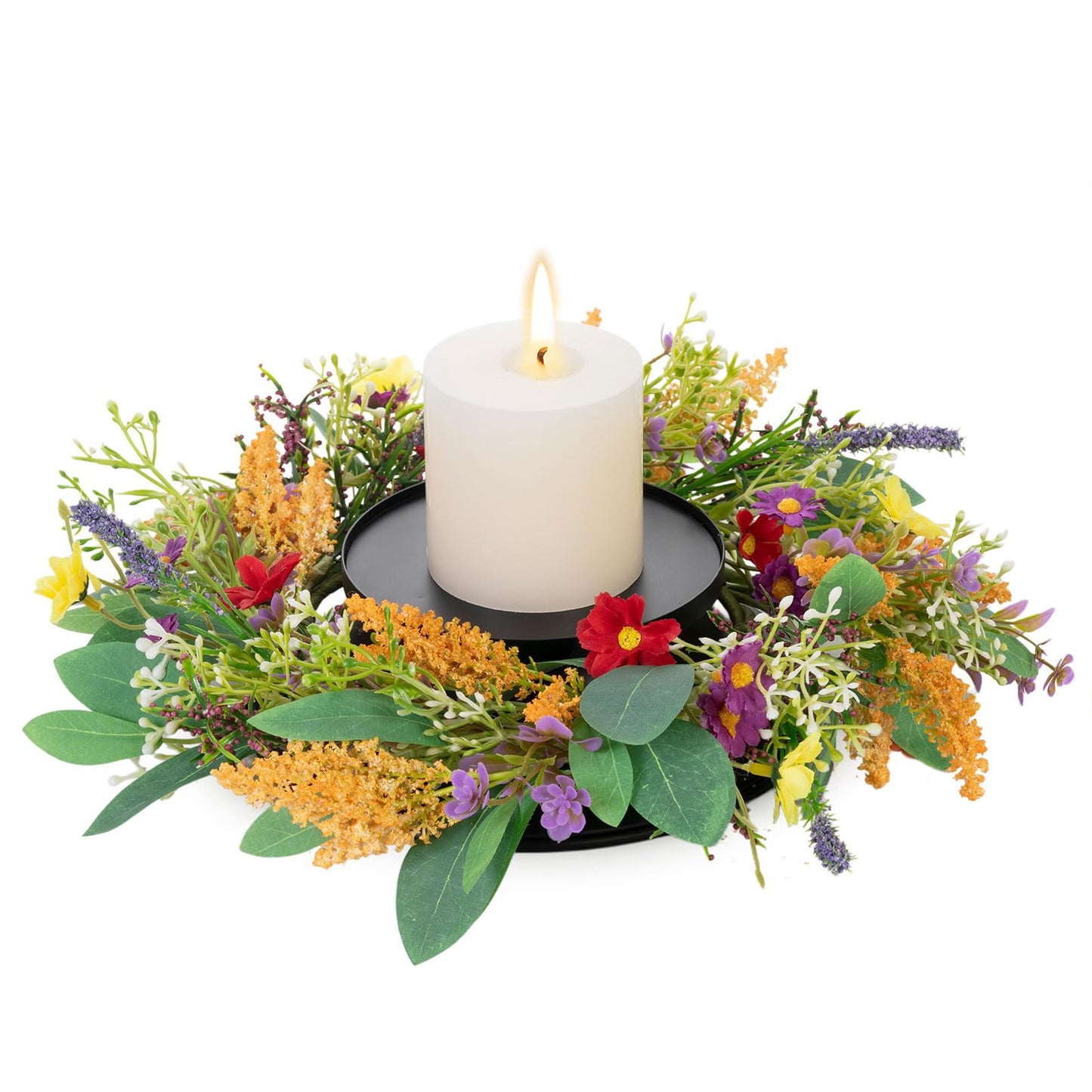 MOYEE Summer Centerpieces for Tables Wreath with Candle Holder,Candle Ring, Black Metal Candlestick with an Artificial Wreaths 14 in Versatile Dining Table Centrepiece (Golden Wheat Ear Wreath)