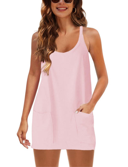 Lentta Womens Athletic Sleeveless Mini Dress with Built-in Shorts V Neck Spaghetti Strap Sundress(Pink-S)