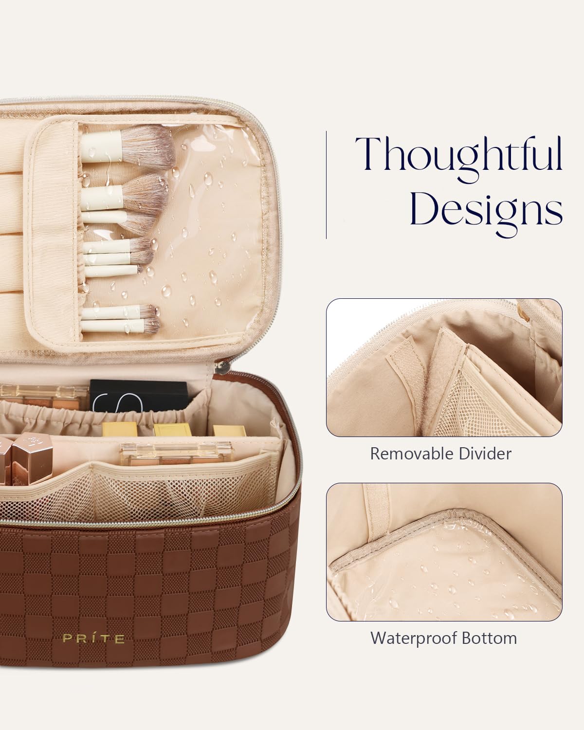 Prite Makeup Bag, Large Capacity Cosmetic Bag for Women and Girls, Waterproof PU Leather Travel Case with Handle, Divider for Skincare and Brushes - Checkered Brown
