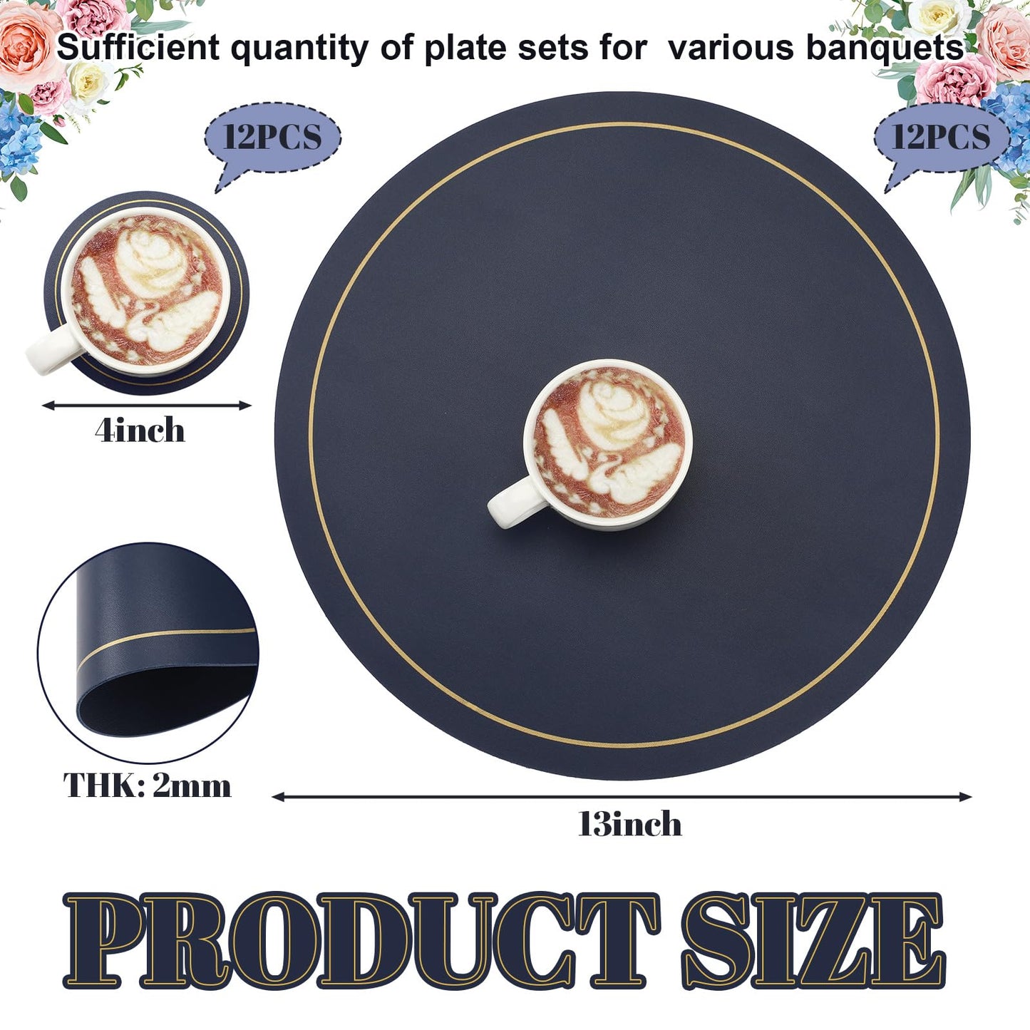 Sunnychicc Set of 12 Round Placemats and Coasters 13 Inch Faux Leather Placemats and 4 Inch Circle Coasters Waterproof Non Slip Kitchen Table Mats with Gold Trim for Dining Table Kitchen (Navy Blue)