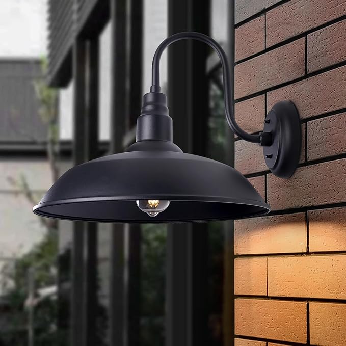 16 Inch Gooseneck Light Fixture for Barn Door, 2 Pack Large Barn Lights for Front Porch, Black Outdoor Farmhouse Light with Goose Neck Arm, Exterior Wall Dome Lighting for House Garage