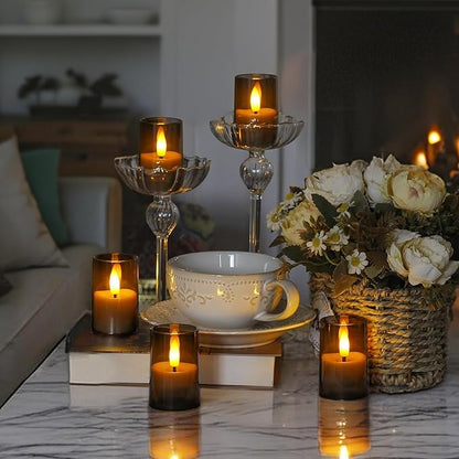 Rechargeable Acrylic Flameless Votive Candles with Timer & Remote Control, 1.7" x2.5" Flickering LED Warm Glow Tealight for Home, Wedding, Holiday Decor (Set of 6, Grey)