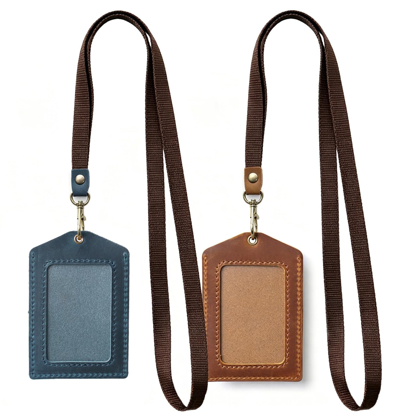 Jack&Chris Genuine Leather Badge Holder, Detachable Keychain Lanyards for ID Badges for Easy Access, Vertical ID Badge Holder for Nurse Officer Teacher Security Staff Women Men, 2 Pack Blue+Browm