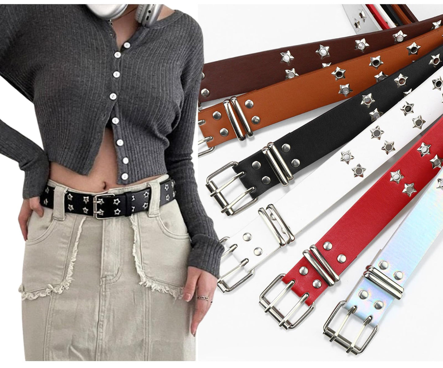 soolekee 2PCS Womens Men Black Red Double Grommet Stars Studded Punk Belt with Chain Gothic for Dress Skirts Pants Solid 49 inch