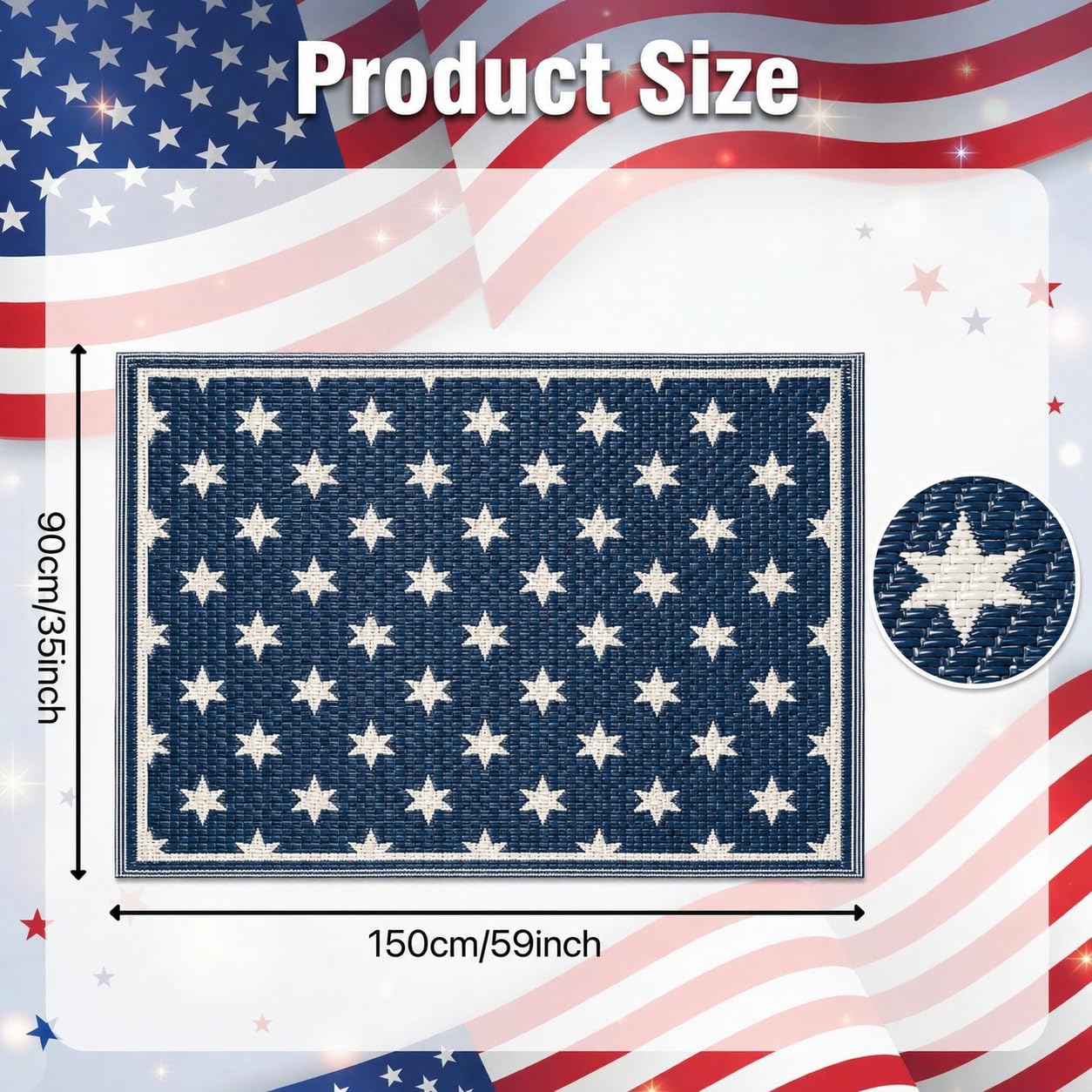 3x5ft Patriotic Outdoor Rug Waterproof Plastic Straw Patio Mat Reversible Red White and Blue Striped Area Rug for Camping RV Porch Deck Backyard 4th of July Independence Day Decorations(Star)