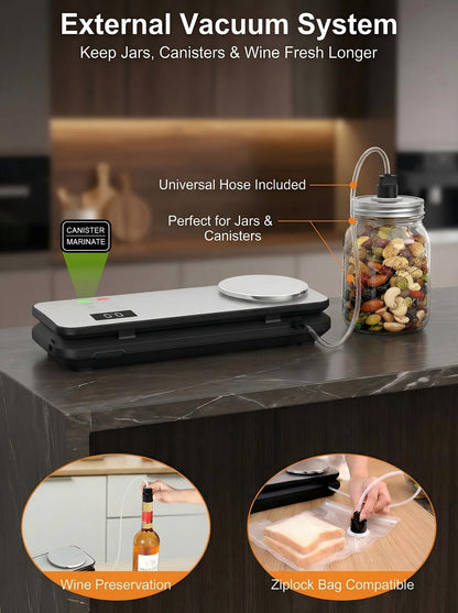 Vacuum Sealer for Food, 90kPA Powerful Food Saver Vacuum Sealer Machine with Digital Kitchen Scale, 12-in-1 Food Vacuum Sealer with Dry & Moist Food Modes, 10 pcs & 1 Roll Vacuum Bags, Starter Kits