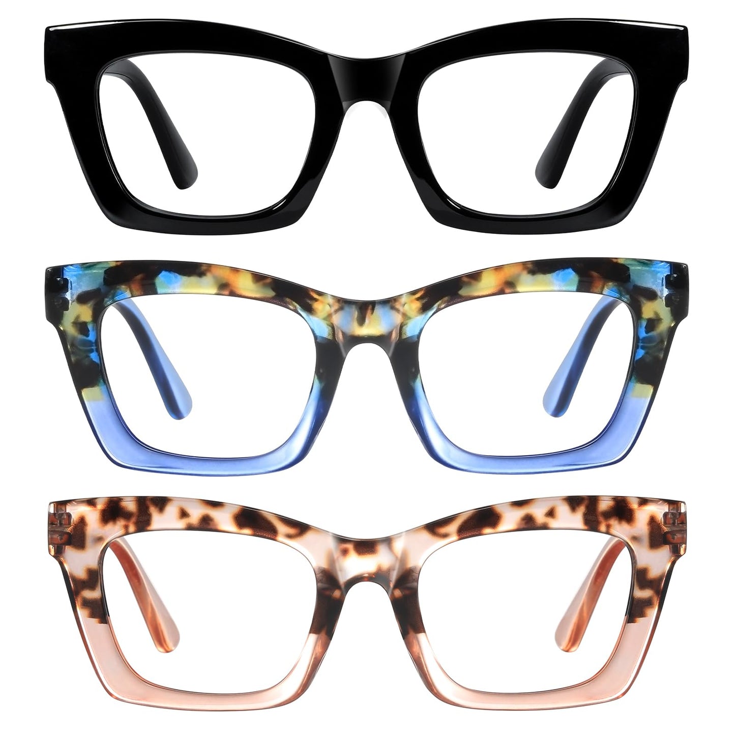 resjok Oprah Reading Glasses for Women-3Pack Blue Light Blocking Fashion Readers with Spring Hinge Computer Square Eyeglasses(Mix1, 1.75x)