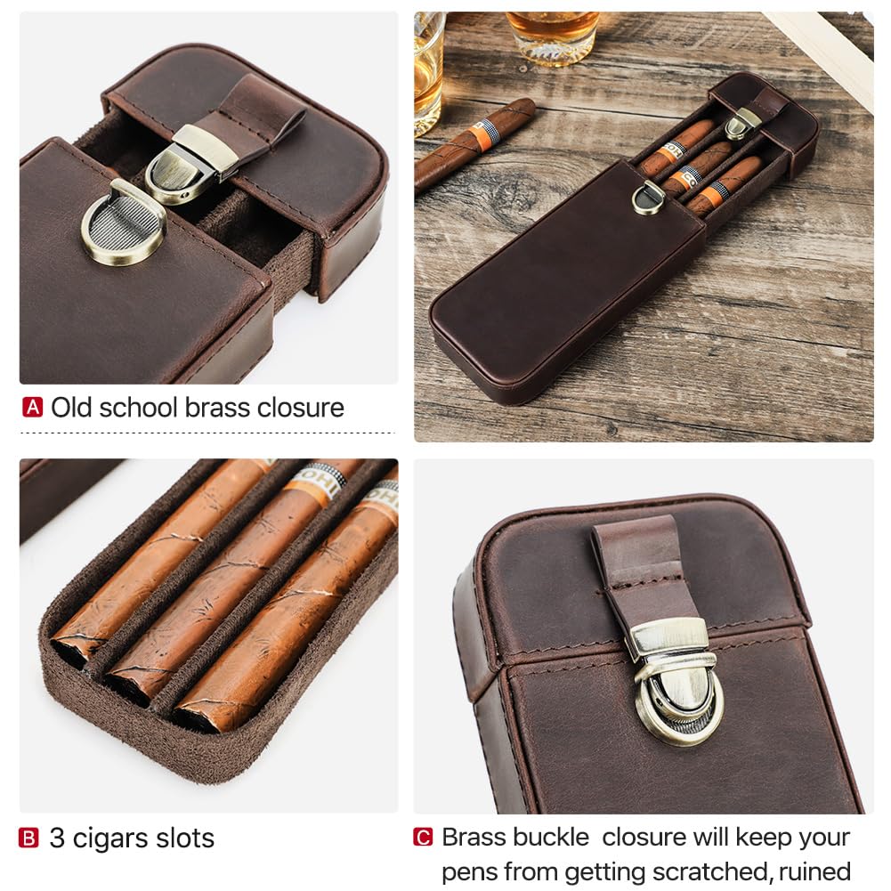 CONTACTS Crazy Horse Leather Cigar Case Travel Cigar Box 3 Slot Cigars Humidor Sleeve Portable Organizer by Handmade