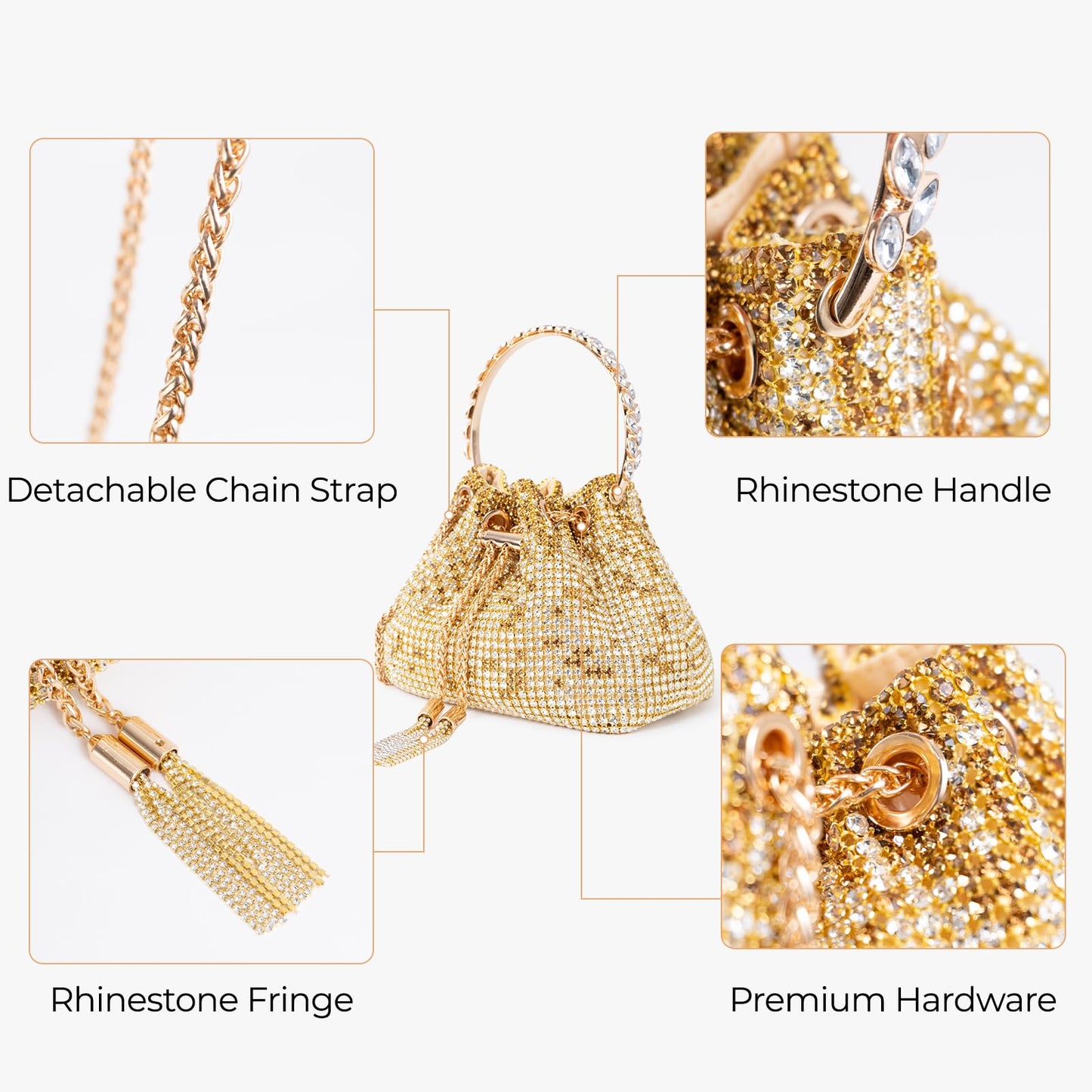 frrbuu Gold Rhinestone Bucket Bag with Drawstring Closure, Crystal Embellished Evening Purse with Chain Strap