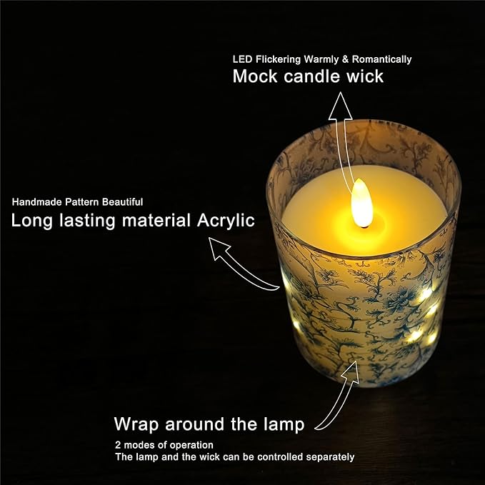 Flameless Candles with String Lights - Set of 3 Printed Remote Battery Operated Candle Flickering Floral LED Pillar Candles with Timer for Home Decor Romantic Ambiance,BL
