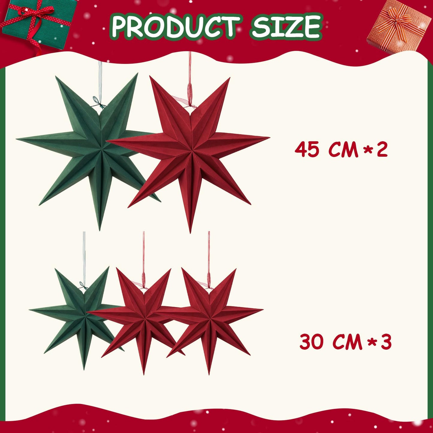 SUNBEAUTY Christmas 5Pcs Flocking Stars 7 Pointed 18 Inch 12 Inch Green Red Hanging Stars Lanterns Christma Hanging Lamp Decorations Wedding Birthday Christmas Home Party