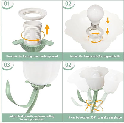 Vintage Flower Table Lamp, 3 Color Temperature Flexible Gooseneck Cute Desk Lamp for Bedroom, Kawaii Nightstand Bedside Lamps for Living Room, Dorm, Office, Home Decor (Green)