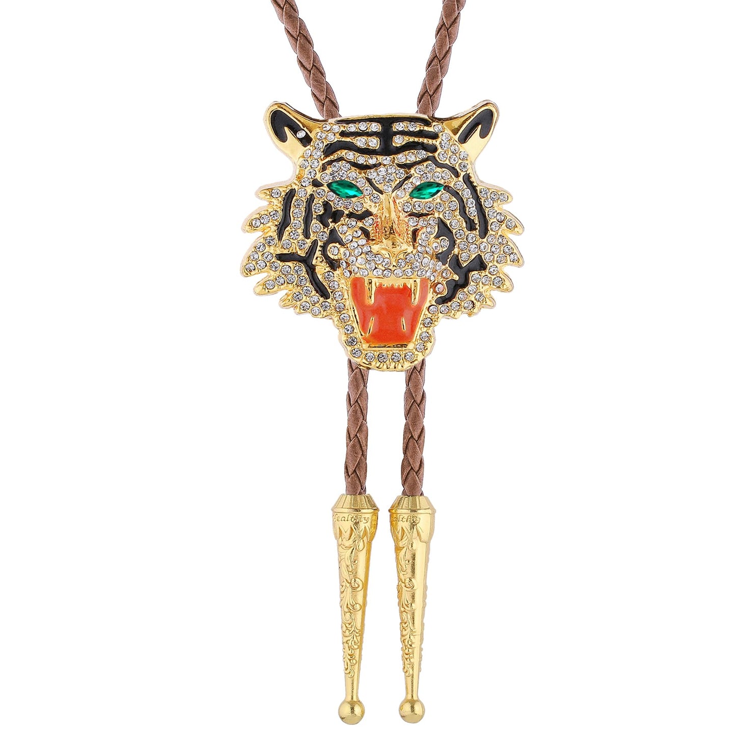 GelConnie Formal Bolo Tie for Men Rhinestone Gold Tiger Head Bola Brown Rope Bolo Tie Wedding Necklace Western Cowboy Necktie