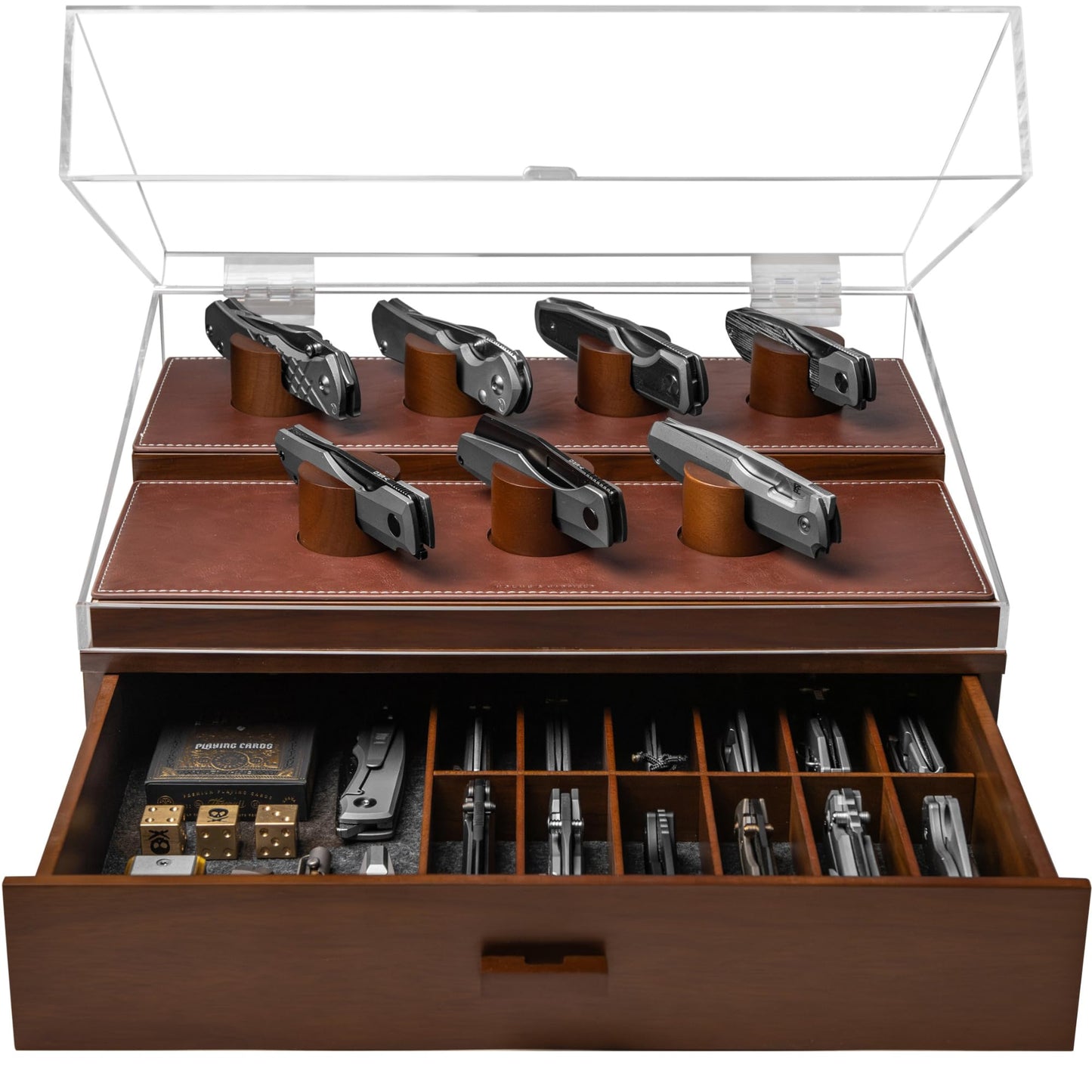 Premium Pocket Knife Display Case for 30 Knives - Large Wooden Knife Organizer, Storage & Holder with Unique Pillars, Hinged Cover, Drawer - Knife Collection Box - Handcrafted Father's Day Present
