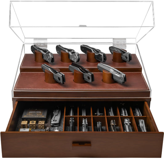 Premium Pocket Knife Display Case for 30 Knives - Large Wooden Knife Organizer, Storage & Holder with Unique Pillars, Hinged Cover, Drawer - Knife Collection Box - Handcrafted Father's Day Present