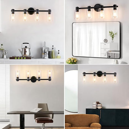 4 Light Bathroom Wall Light Fixtures Black Bathroom Wall Sconce with Clear Glass Lights Over Mirror Vanity Lights E26 Base