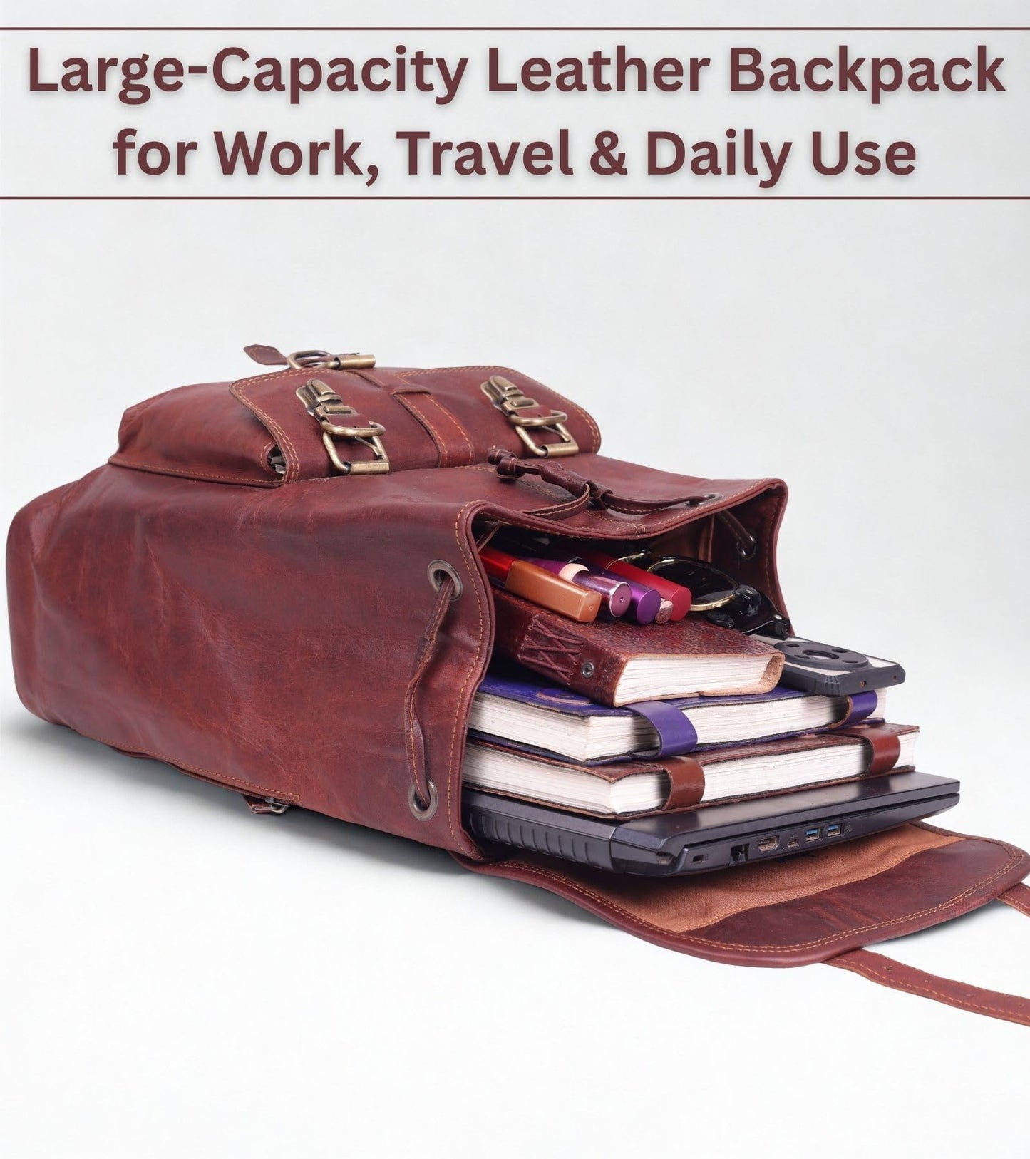 Lakshigo Womens Leather Backpack Purse – 14" Brown Vintage Genuine Leather Drawstring Rucksack Ladies Leather Bookbag for Work, Travel & Everyday Use (Brown)