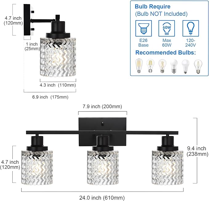MELUCEE 3 Lights Modern Bathroom Light Fixtures Black Vanity Lights Indoor Wall Mounted Light with Hammered Glass Shade Suitable for Bathroom Living Room Hallway