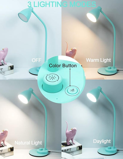 BOHON LED Desk Lamp with USB Charging Port, 3 Color Modes Fully Dimmable Reading Lamp, Auto Dimming Task Lamp, Flexible Gooseneck Table Light for Office Dorm Bedside, Adapter Include, Teal