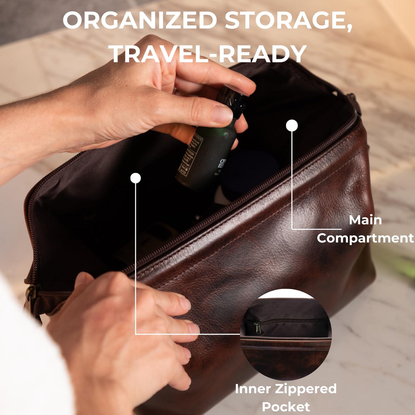 NomadCraftsCo. Premium Leather Travel Toiletry Bag for Men and Women, King-Size Dopp Kit with Waterproof Lining, Mens Toiletry Travel Bag