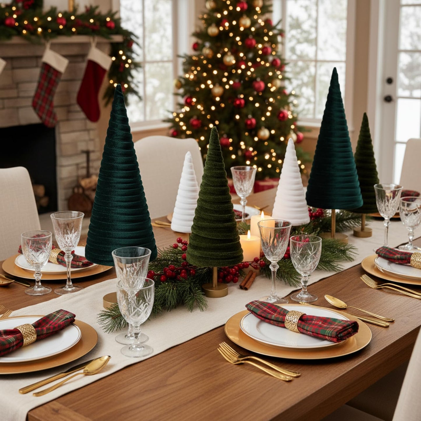 Hoolerry 6 Pcs Christmas Velvet Trees with Gold Pedestal Christmas Velvet Cones Tree Mantel Decor Modern Rustic Winter Home Minimalist for Holiday Entryway Table Wedding Centerpiece (Forest Green)