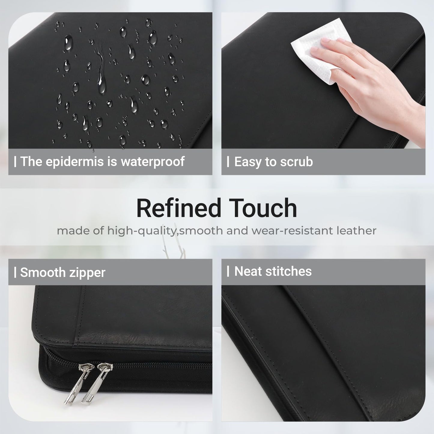 FORTAVEM Faux Leather Zippered Padfolio with 3 Ring Binder, Executive Portfolio Organizer Binder, Fits 13.9" Laptop/Tablet, Refillable Writing Pad Pocket, Black