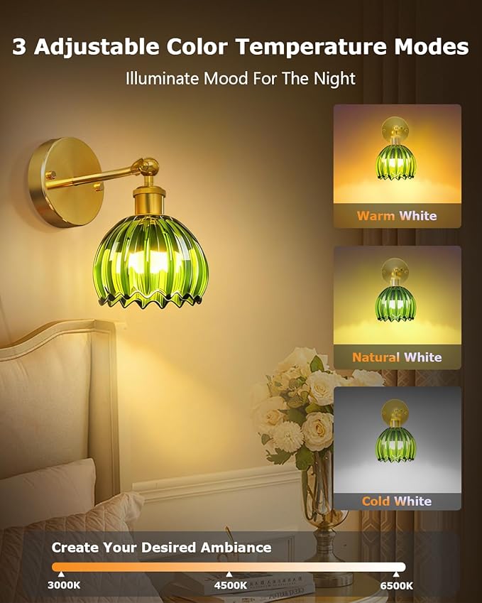 Vintage Battery Operated Wall Sconces Set of Two, with Green Tulip Glass Lampshade, Wireless Rechargeable Battery Powered Wall Light for Bedroom Living Room Bathroom Hallway Home Decor