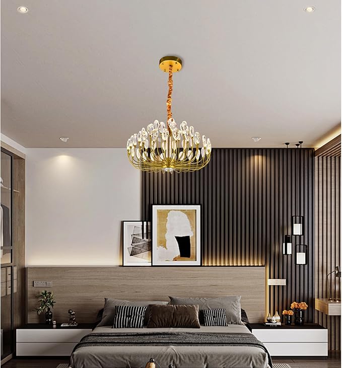 Modern Crystal Chandelier 48 Lights Luxury Gold Round Led Chandelier Dimmable Flush Mount Crystal Ceiling Light for Dining Room Living Room Entryway Foyer D23.63''