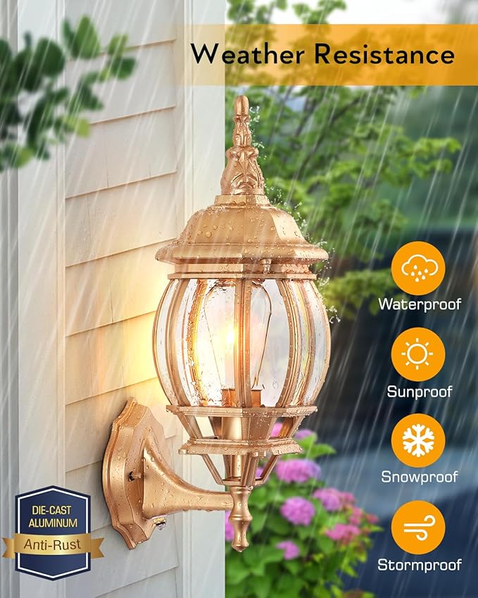 VIANIS Outdoor Wall Sconce, Exterior Porch Light Wall Mount, Gold Dusk to Dawn Outdoor Lighting Lantern for Coach, Modern Outside Garage Lighting Fixtures for House, Waterproof Outdoor Wall Lamp