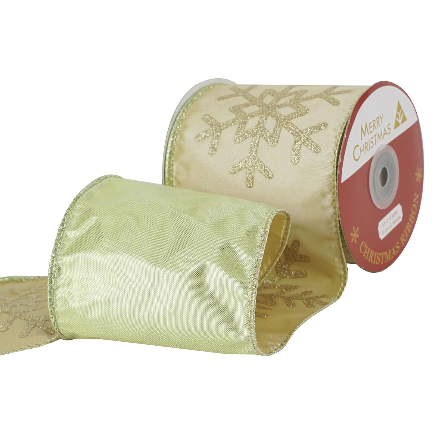 MEEDEE 4 Inch Champagne Gold Snowflake Ribbon Satin Wired Christmas Tree Ribbon with Champagne Glitter Snowflake 10 Yards Champagne Gold Ribbons for Christmas Tree, Garlands, Topper Bow