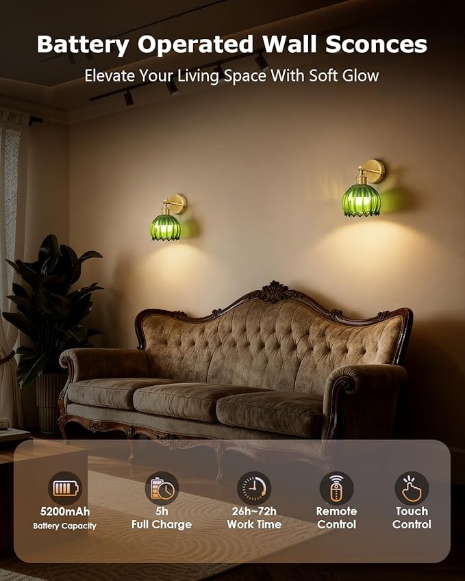 Vintage Battery Operated Wall Sconces Set of Two, with Green Tulip Glass Lampshade, Wireless Rechargeable Battery Powered Wall Light for Bedroom Living Room Bathroom Hallway Home Decor