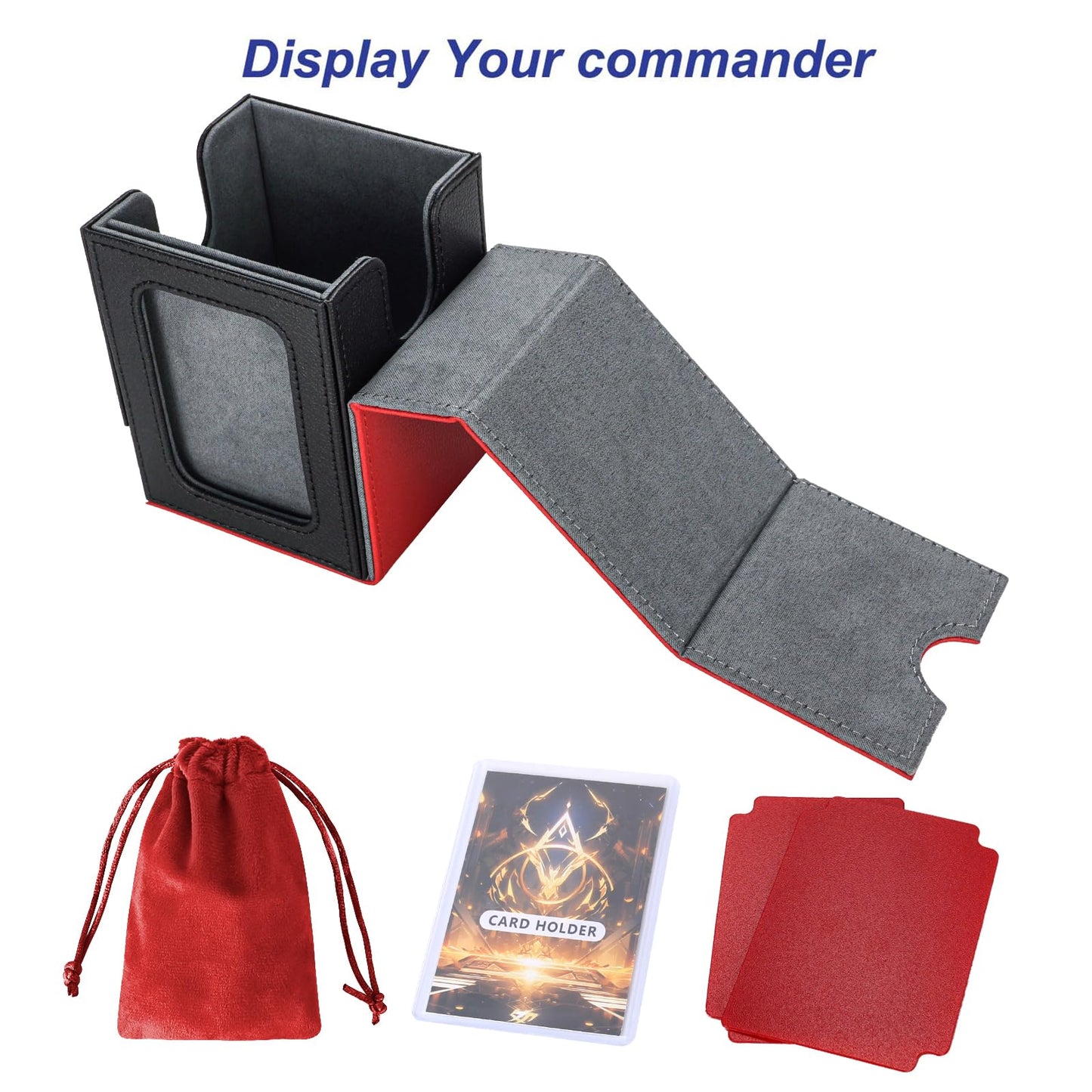 AFIING MTG Deck Box for Commander Display,Card Deck Case Fits 100 Double Sleeved Cards, Magic Commander TCG Card Storage Box with 2 Dividers,Dice Bag and 1 Toploader(Red Black)