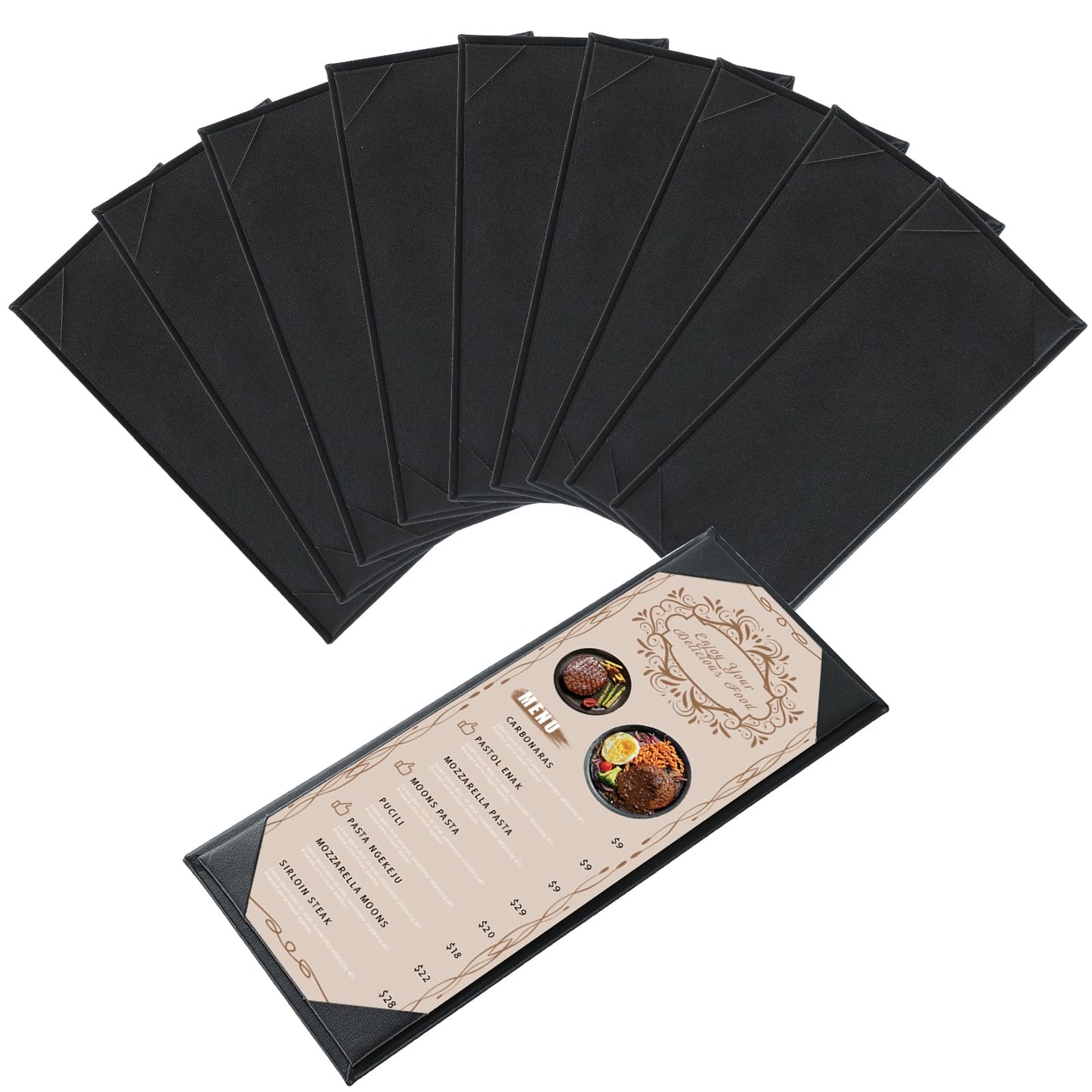 FLKQC Menu Covers 4.25" x 11" – 10 Pack 1 View Black PU Leather Restaurant Menu Holders, Single Panel with Angled Corners for Food Menus, Wine Lists & Drink Specials & Cocktail, Perfect for Parties