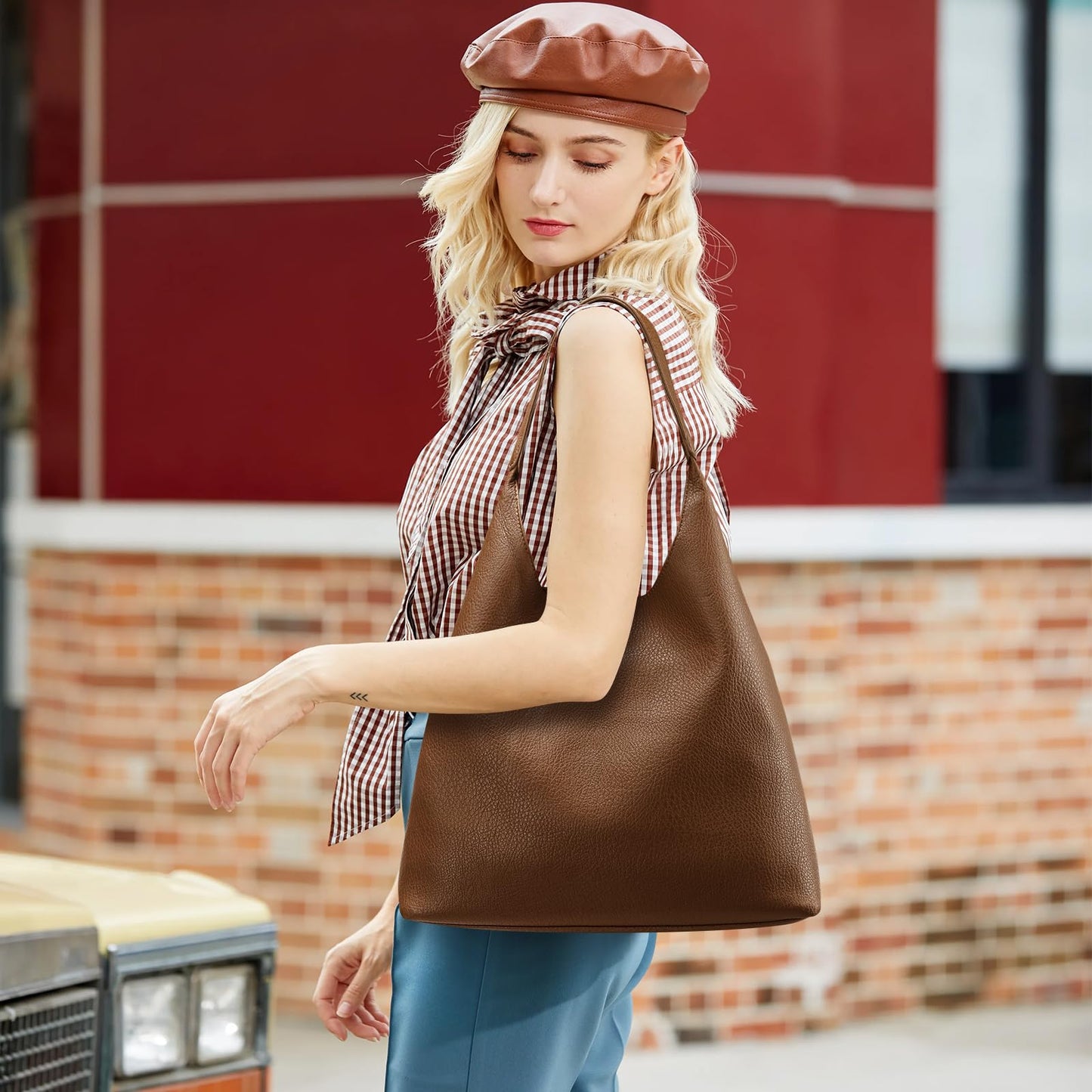 Pelimoo Hobo Bags for Women, Soft Vegan Leather Shoulder Handbags, Slouchy Tote Purses for Work, Travel, School (Coffee)