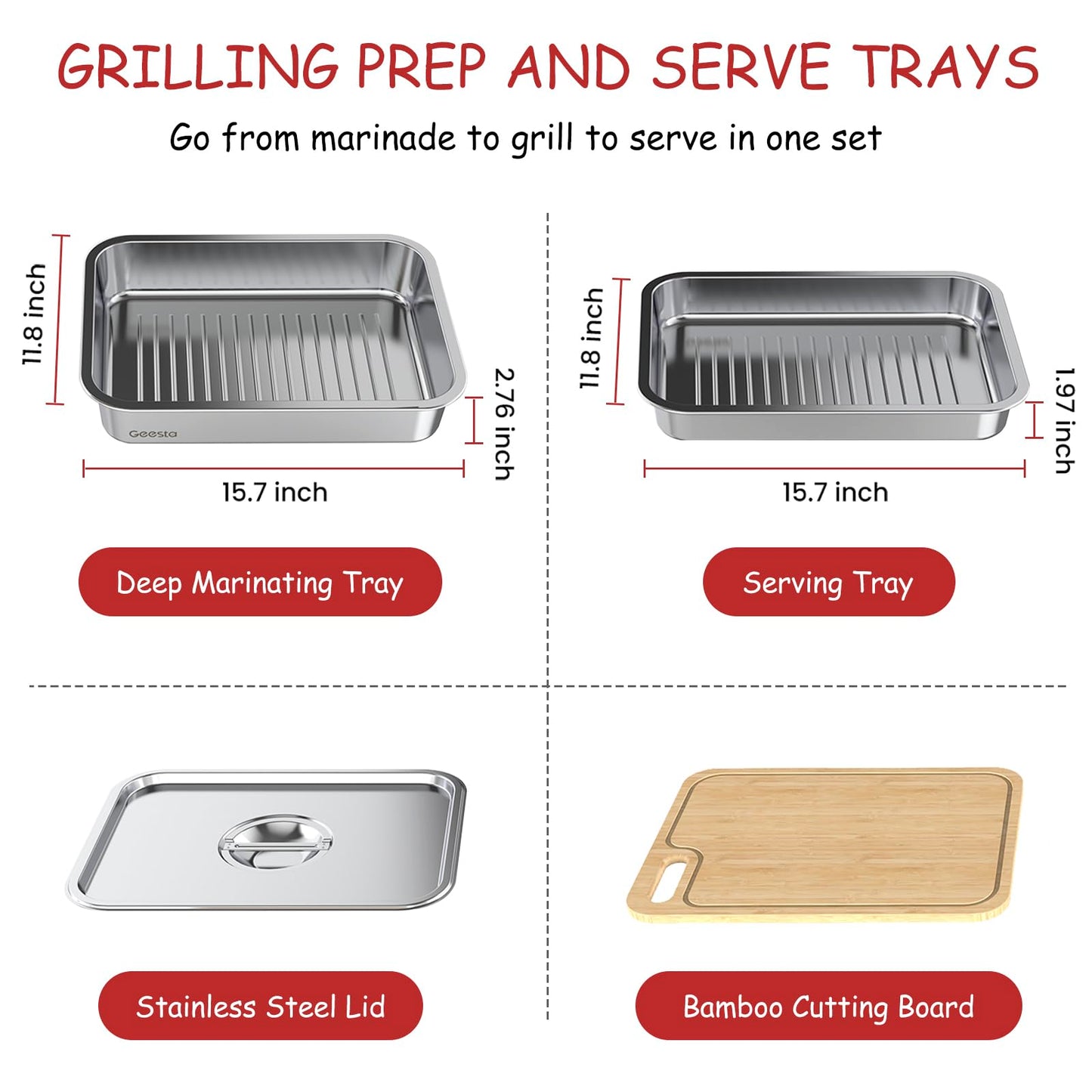 Geesta Grilling Prep and Serve Tays, Stainless Steel Large Capacity Food Prep Tray, Grill Carry System, Marinade Container with Lid and Cutting Board,BBQ Grill Accessories, Grilling Gifts for Men