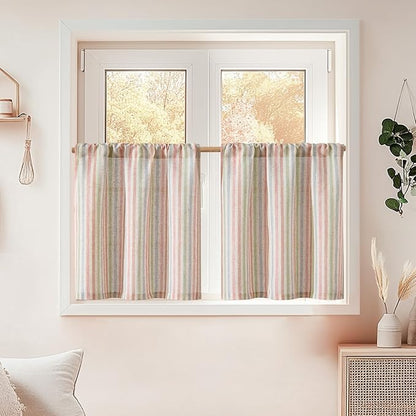 jinchan Striped Linen Kitchen Curtains 24 Inches Christmas Tier Curtains Farmhouse Modern Cafe Style Small Window Treatments Airy Light Filtering Rod Pocket for Living Room Bathroom 2 Panels Candy