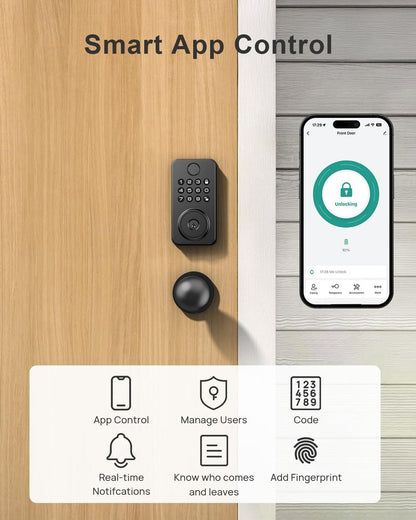 Fingerprint Door Lock with Handle, Smart Keyless Entry Door Lock with App, Stores 50 Fingerprints and 50 User Codes, IP65 Weatherproof Keypad Deadbolt for Front & Interior Doors, Auto-Lock, Black
