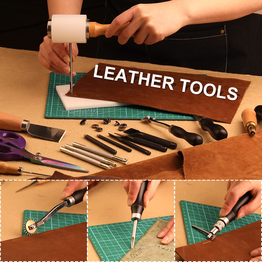 Tikjiua 456Pcs Leather Working Tools with Apron and Tooling Bag, Leather Craft Kit with Tools for Stamping, Carving, Sewing, Beveling, Cutting, Crafting
