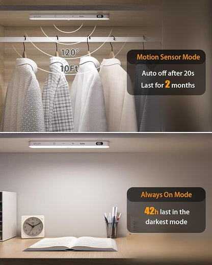 WILLED Under Cabinet Lights Rechargeable, Battery Display, 60 LED Touch Light Bar, Motion Sensor Light Indoor, Battery Operated Closet Light Wireless, Stick on Under Counter Lights for Kitchen(2 Pack)