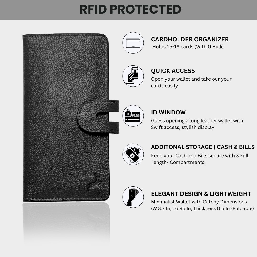 DEERHANDMADE womens wallet (Holds 15-18 Cards, 4 Flat Pockets, 1 ID Windows) Genuine Leather clutch purses for women | Slim long wallets for women | rfid blocking wallet (black wallet)