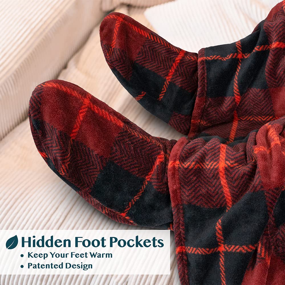 PAVILIA Fleece Blanket with Sleeves, Foot Pockets for Women Men Adults, Plush Wearable Blanket Throw Wrap, Warm Snuggle Blanket Robe, Cozy Gift Ideas Wife Mom, Plaid Red