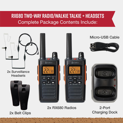 Cobra RX680 Walkie Talkies (2-Pack) - Rugged & Splashproof Two Way Radios Long Range, IP54 Water Resistant Design, 60 Pre-Programmed Channels, Weather Alerts, Included Charging Dock (Black/Orange)