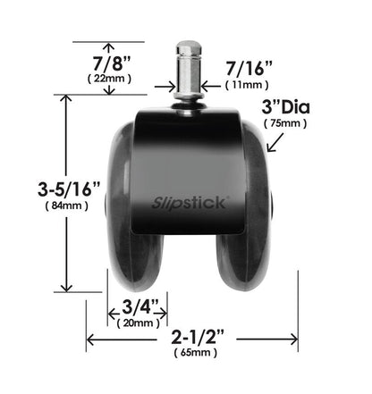 Monster 3” Dual Rollerblade Office Chair Wheels (Set of 5) Slipstick Premium Rubber Caster Wheels for Chairs, Smooth & Safe Rolling on All Flooring