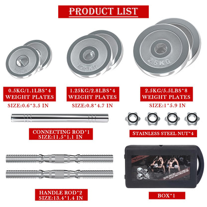 VIVITORY Fitness Dumbbells Set, Adjustable Weight Sets up to 11/22/44/66/110 lbs, with Metal Connecting Rod Used As Barbell, Chromed Weights, Hardcover Gift Box, Home Gym Work Out Training Equipment