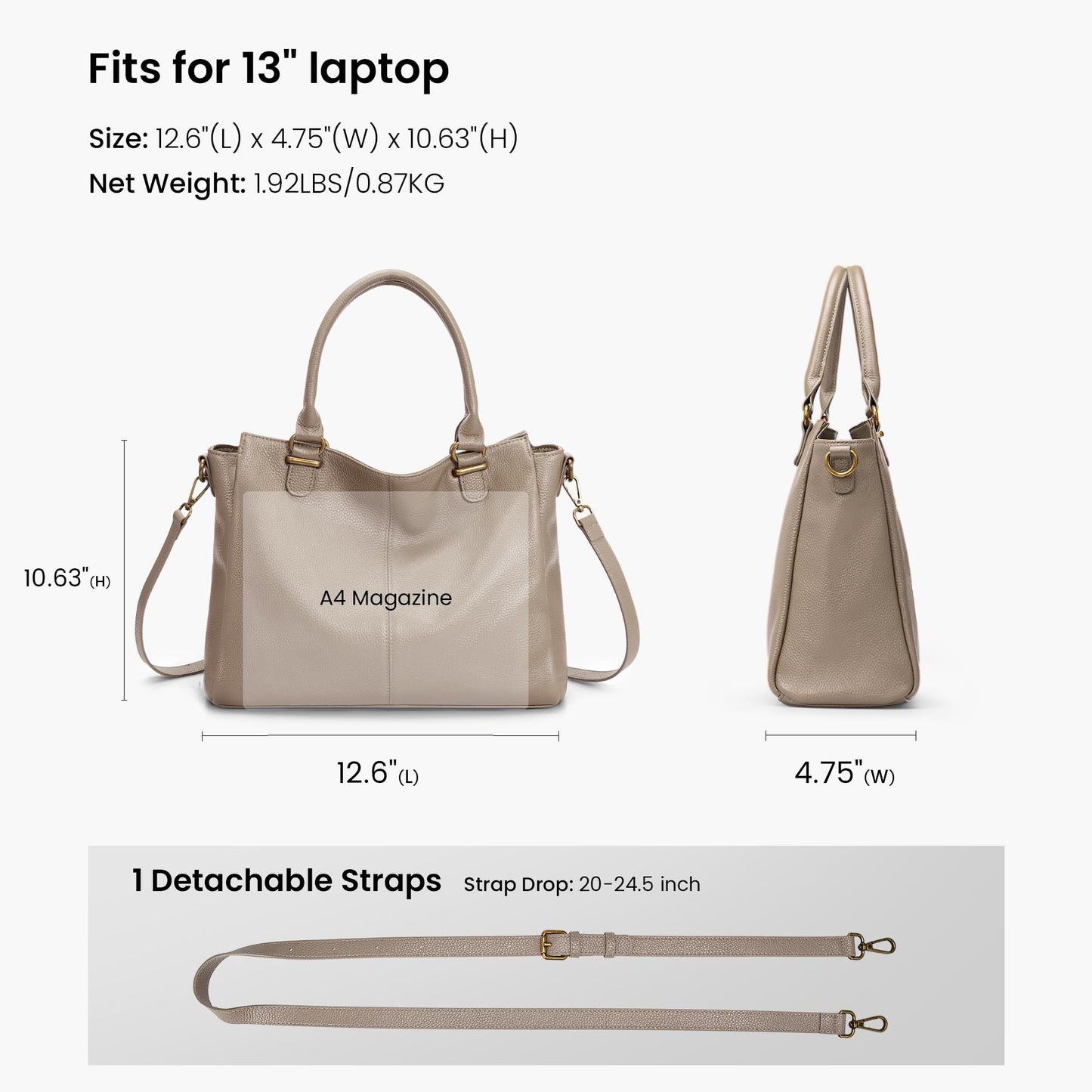befen Soft Genuine Leather Medium Tote Bag Crossbody Bags for Women Leather Purses Handbags Satchel Purse Shouder Bag with Top Handles for Daily & Travel Taupe