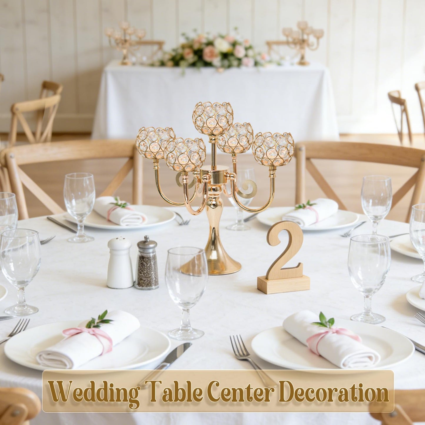 5 Arm Metal Crystal Candelabra Centerpiece - 13.4 Inch Elegant Candle Holder with Crystal Beads for Wedding Party Christmas Home Dining Table Decoration (2, Gold)