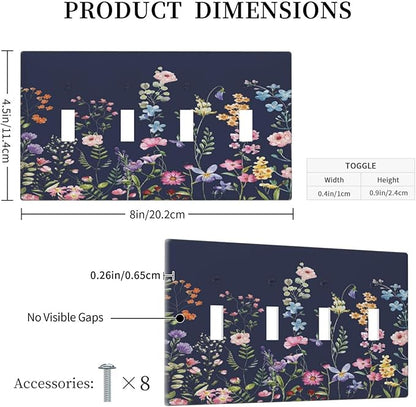 Rustic Wild Floral Darkground Vintage Watercolor Flower Quad Toggle Light Switch Covers Decorative Unique 4 Gang Wall Plate Electrical Faceplate Switchplate for Bedroom Decor